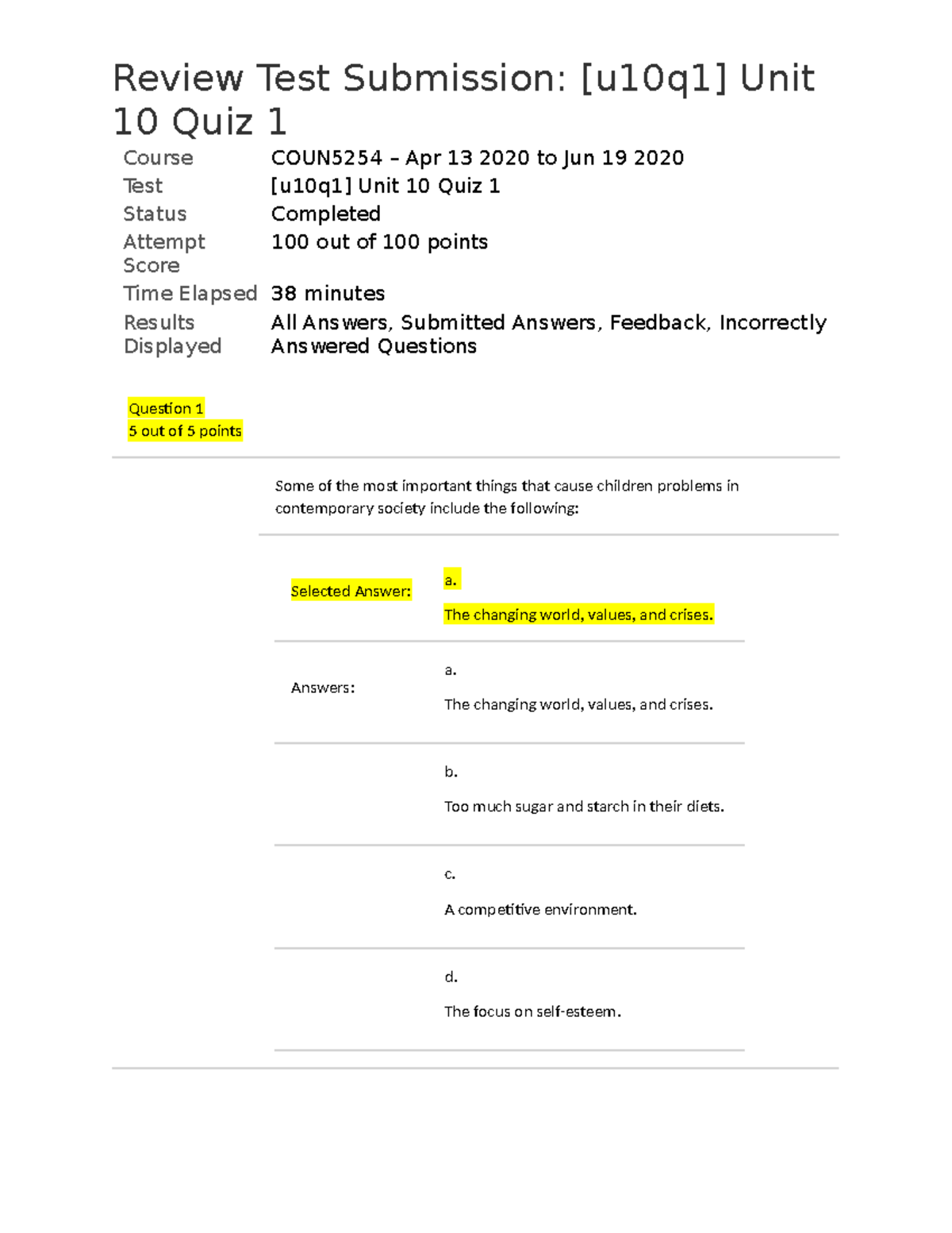 COUN5254 Unit 10 Quiz 1 Review and Results Analysis - Studocu