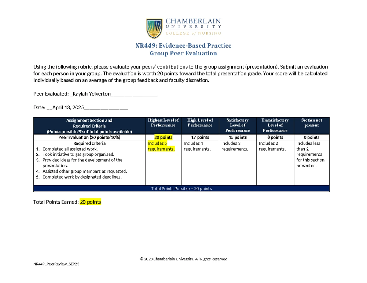 NR449: Peer Evaluation for Group Presentation - Regina Downton - Studocu