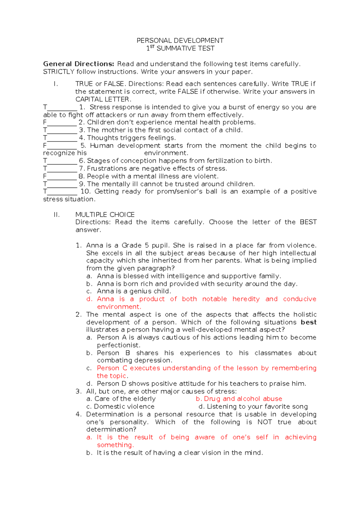 PERDEV 1ST QUARTER EXAM: PERSONAL DEVELOPMENT TEST - Studocu