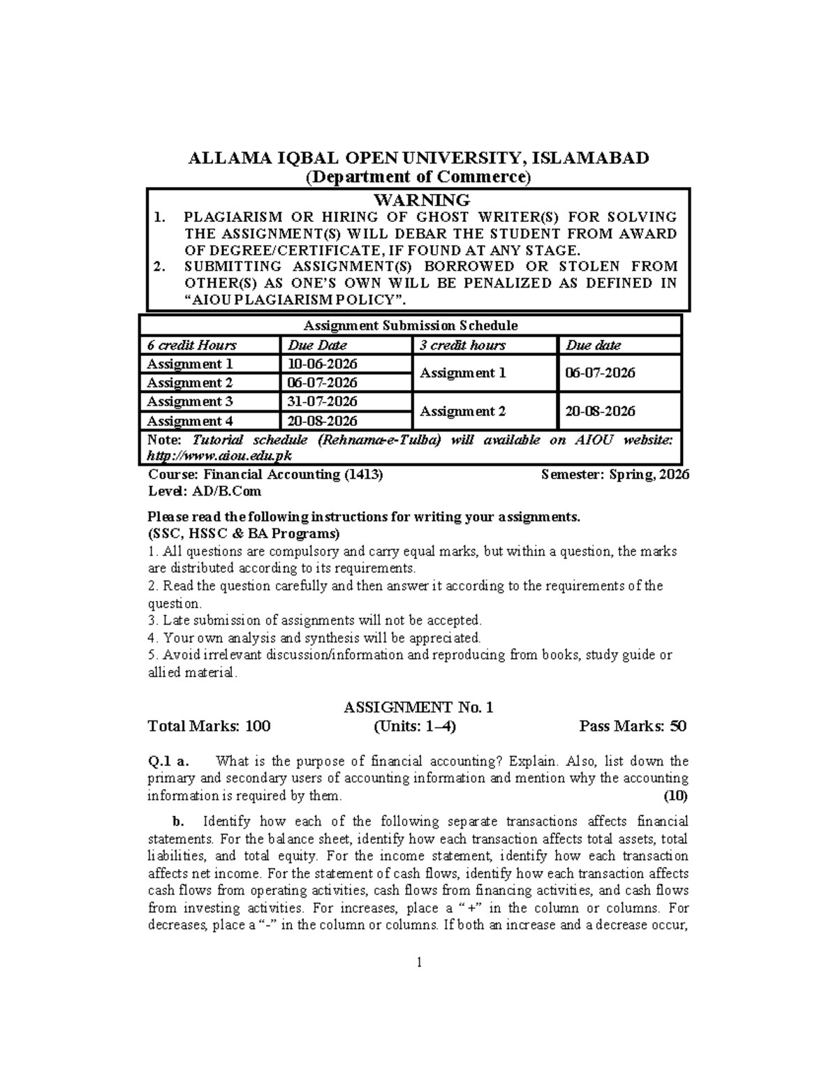 Financial Accounting (1413) Assignment Guidelines & Submission Schedule ...