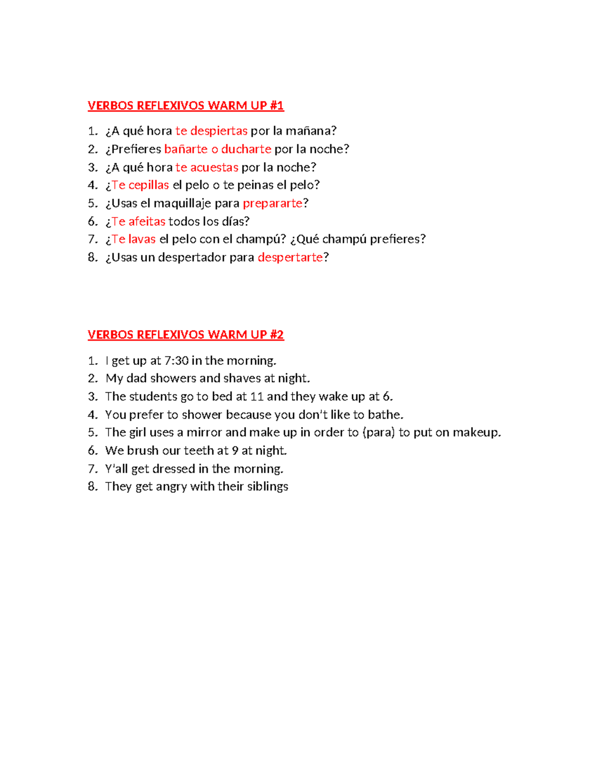Verbos Reflexivos WARM UPS: Ejercicios para la Clase de Español - Studocu