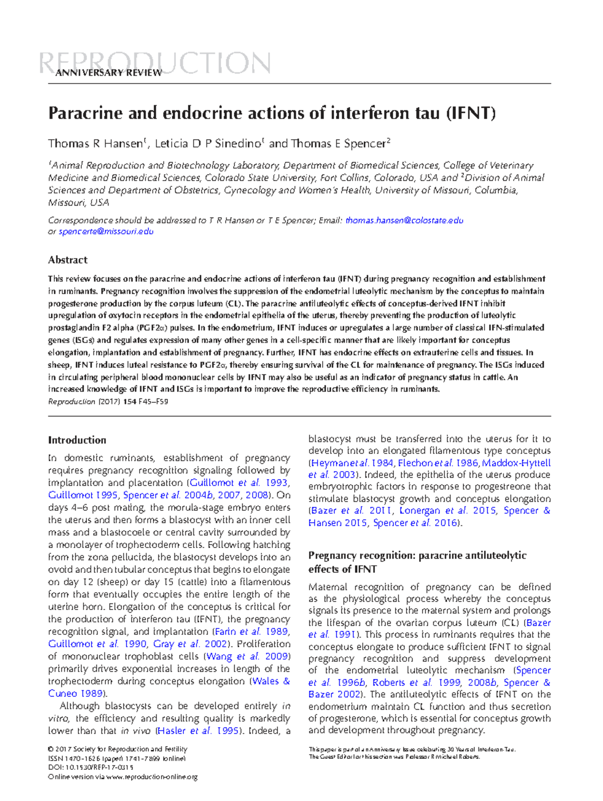 Paracrine and Endocrine Actions of Interferon Tau (IFNT) in Ruminant ...