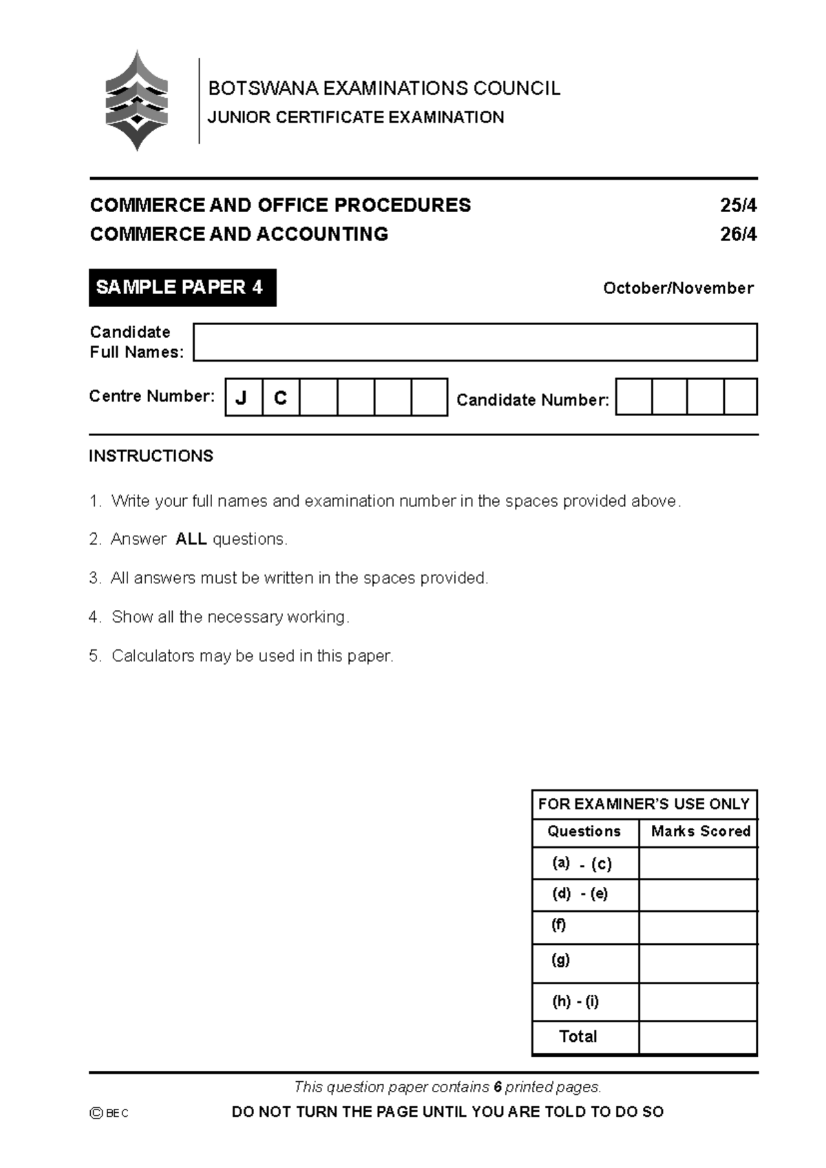 JCE Commerce Sample Paper 4: October/November Exam 2023 - Studocu