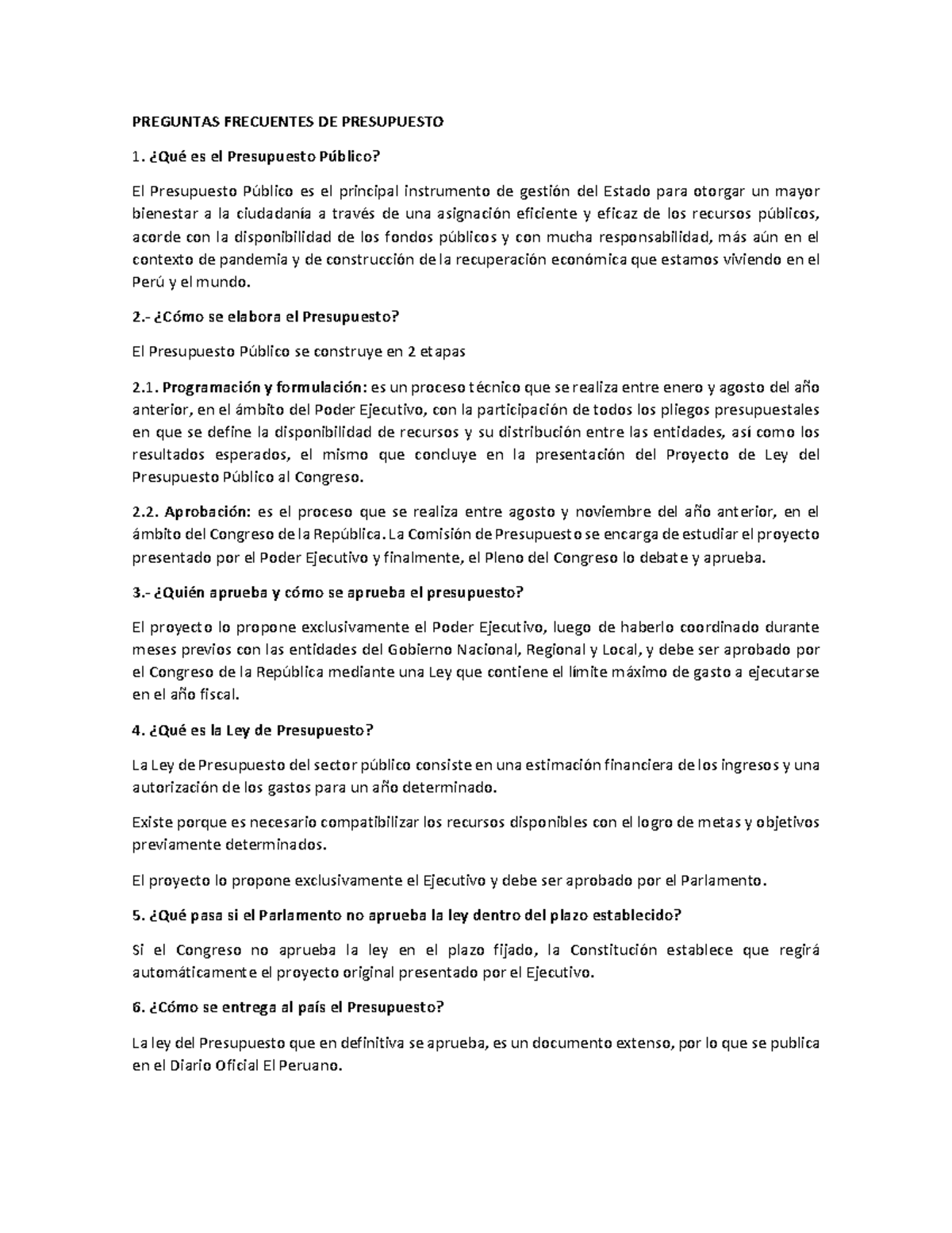 Guía de Preguntas Frecuentes sobre Presupuesto Público - DER 101 - Studocu