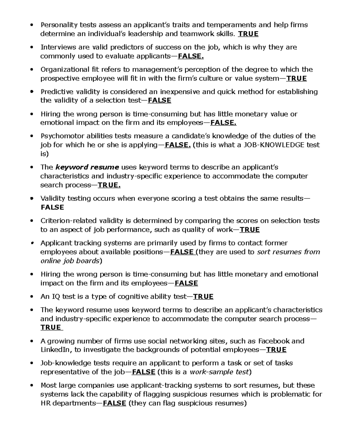Human Resources TRUE- False - Personality tests assess an applicant’s ...