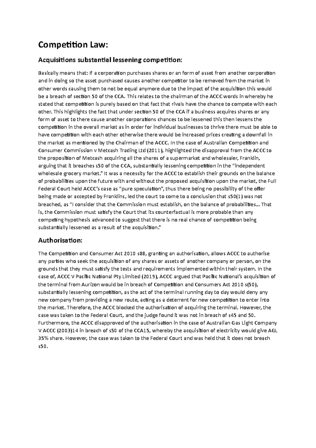 Competition Law Overview - Laws301 Notes on Acquisitions ...
