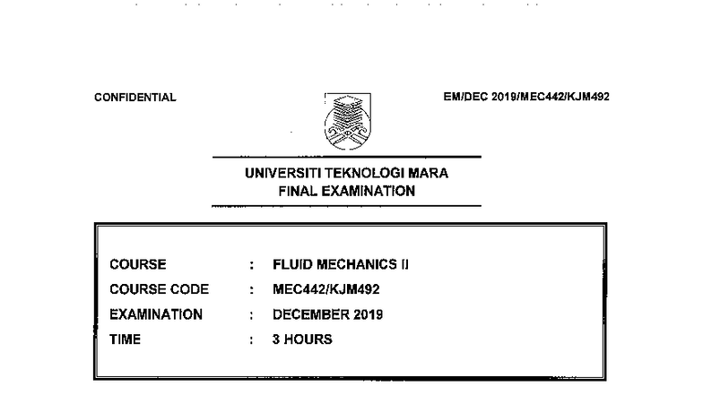 MEC442 DEC 2019 - FINAL EXAMINATION FLUID MECHANICS II - Studocu