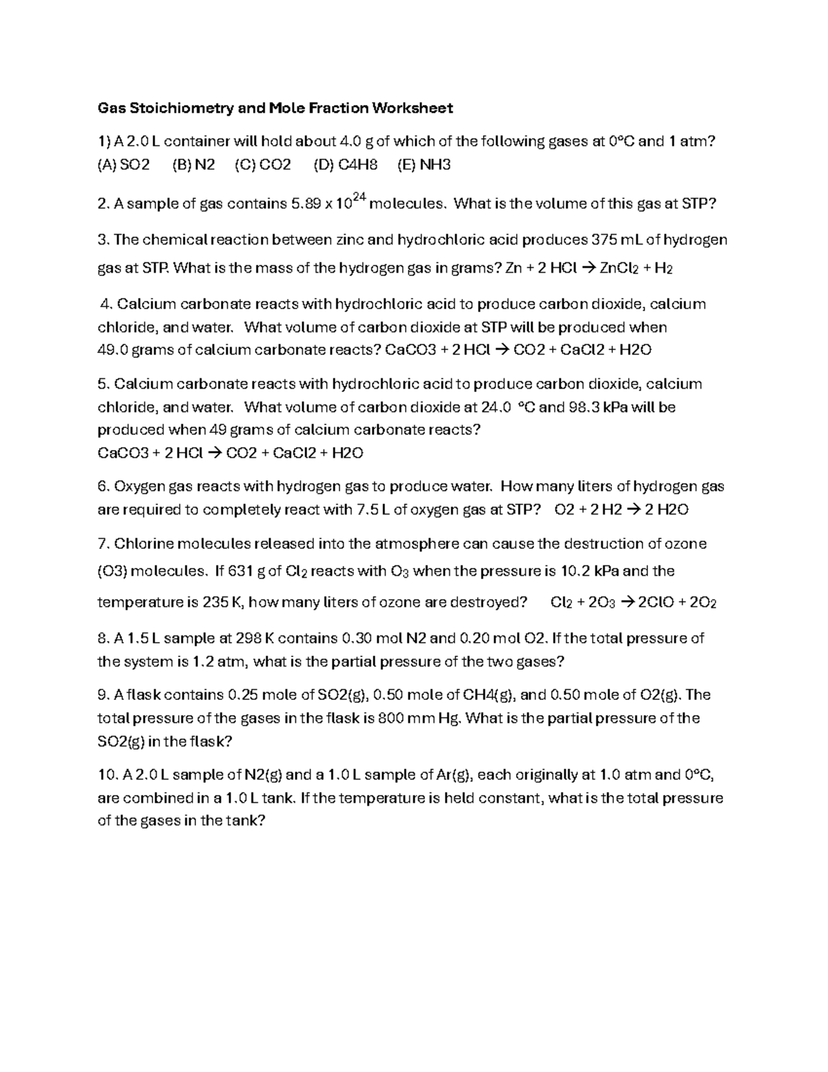 Gas Stoichiometry & Mole Fraction Worksheet 2025 - Studocu