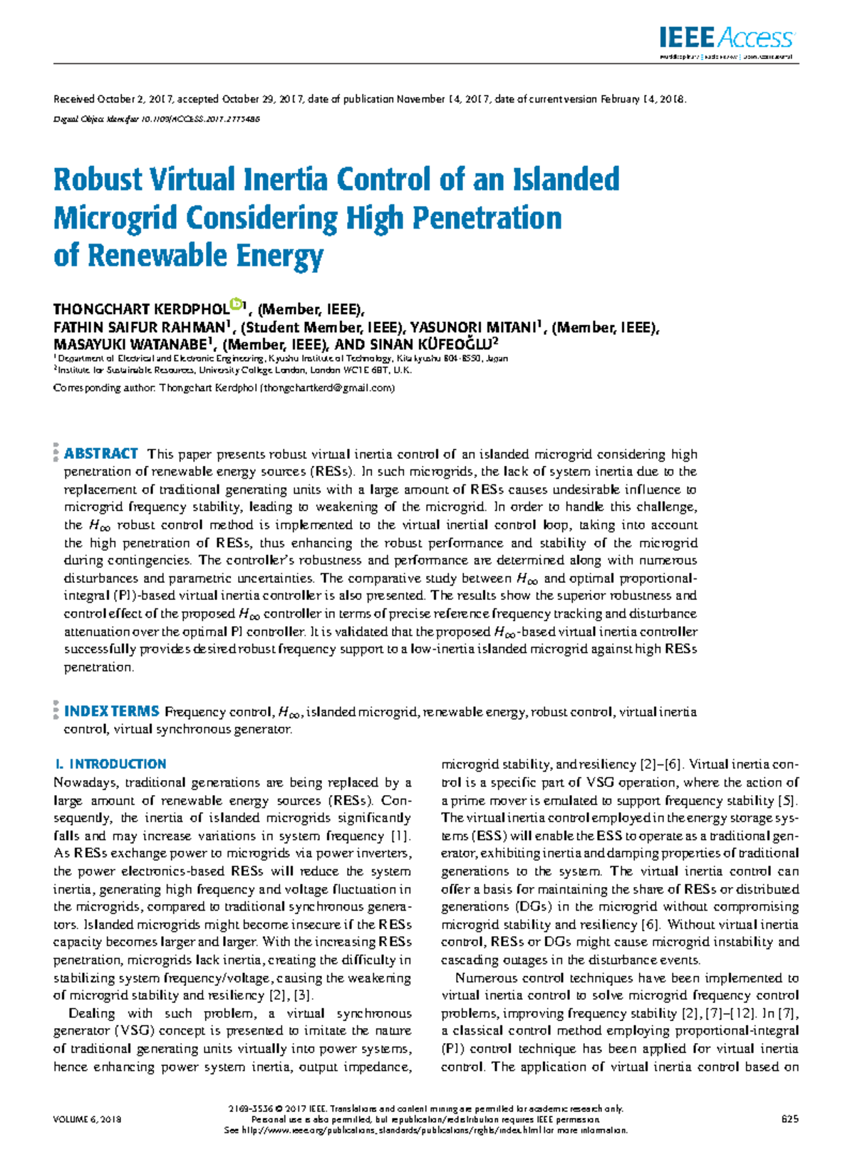 Robust Virtual Inertia Control for Islanded Microgrid with High RESs ...