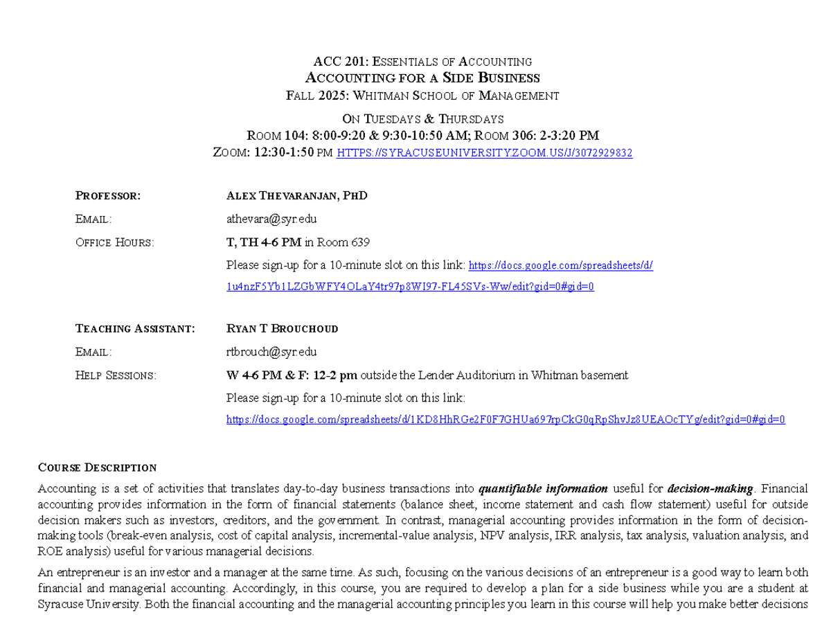 ACC 201: Essentials of Accounting for a Side Business Syllabus Fall ...
