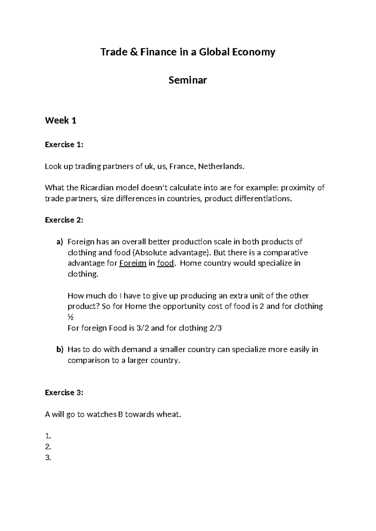 Trade & Finance Seminar Week 1 Exercises Overview - Studocu