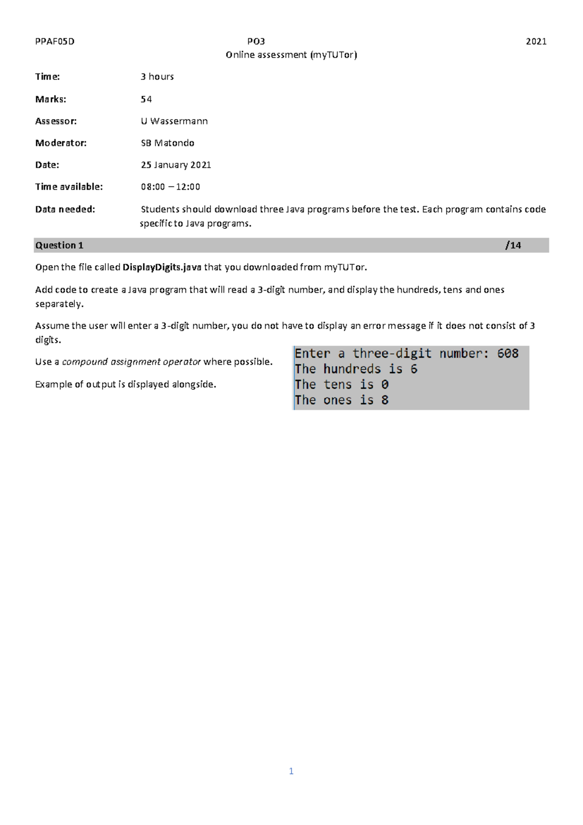 PPAF05D Class Test: Java Programming Assessment Details and Solutions ...