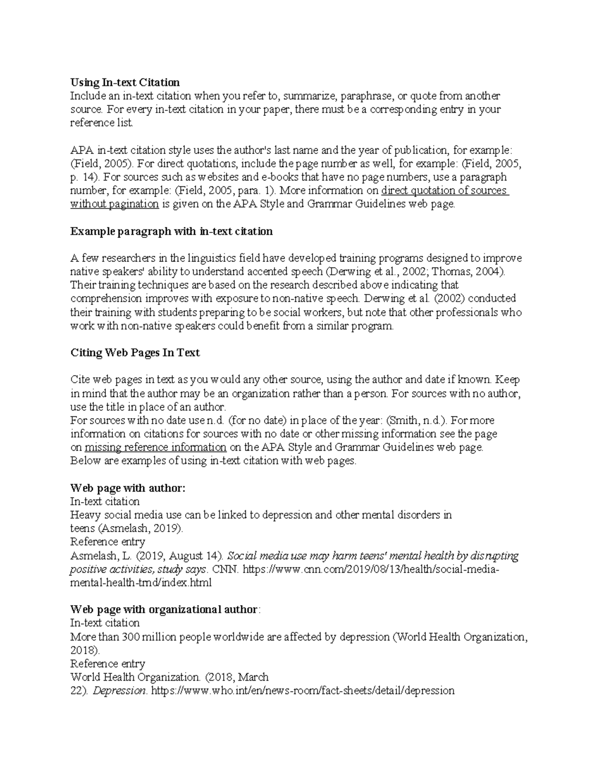 In Text Citation - Handouts and References - Using In-text Citation ...