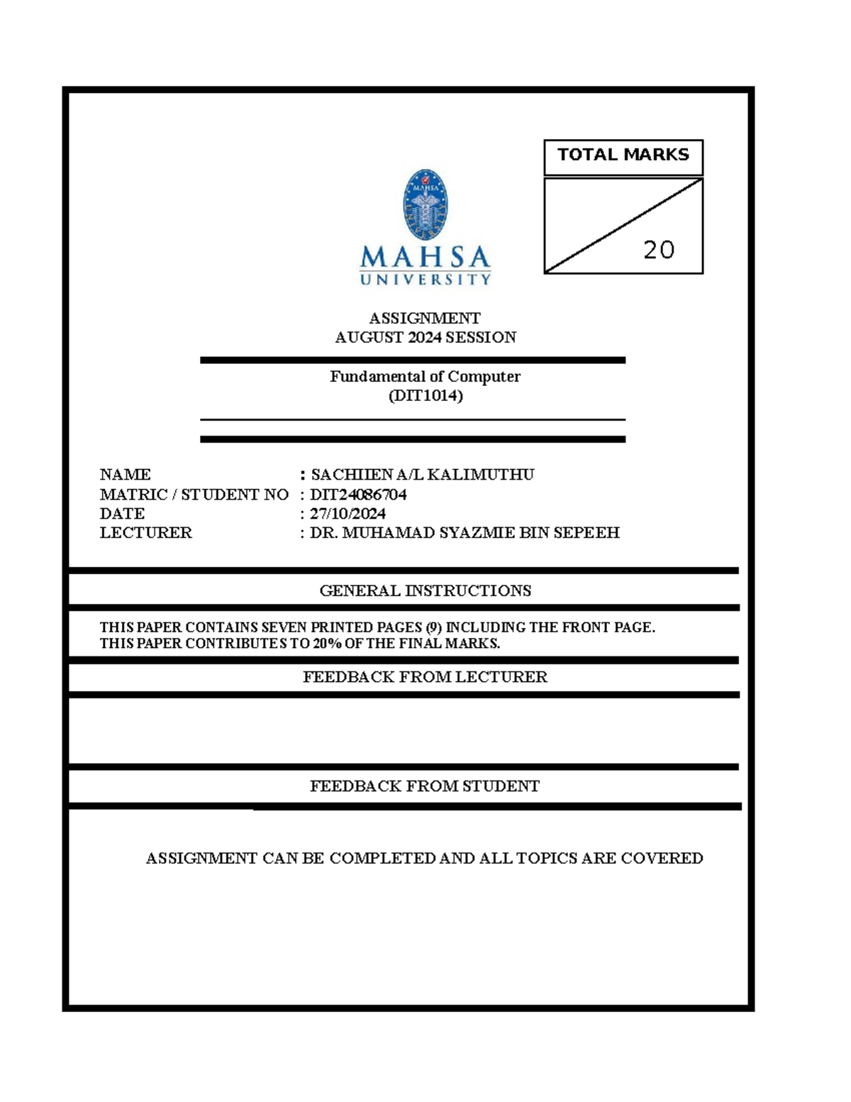 Fundamentals of Computer DIT1014 Assignment Report 1 (August 2024 ...