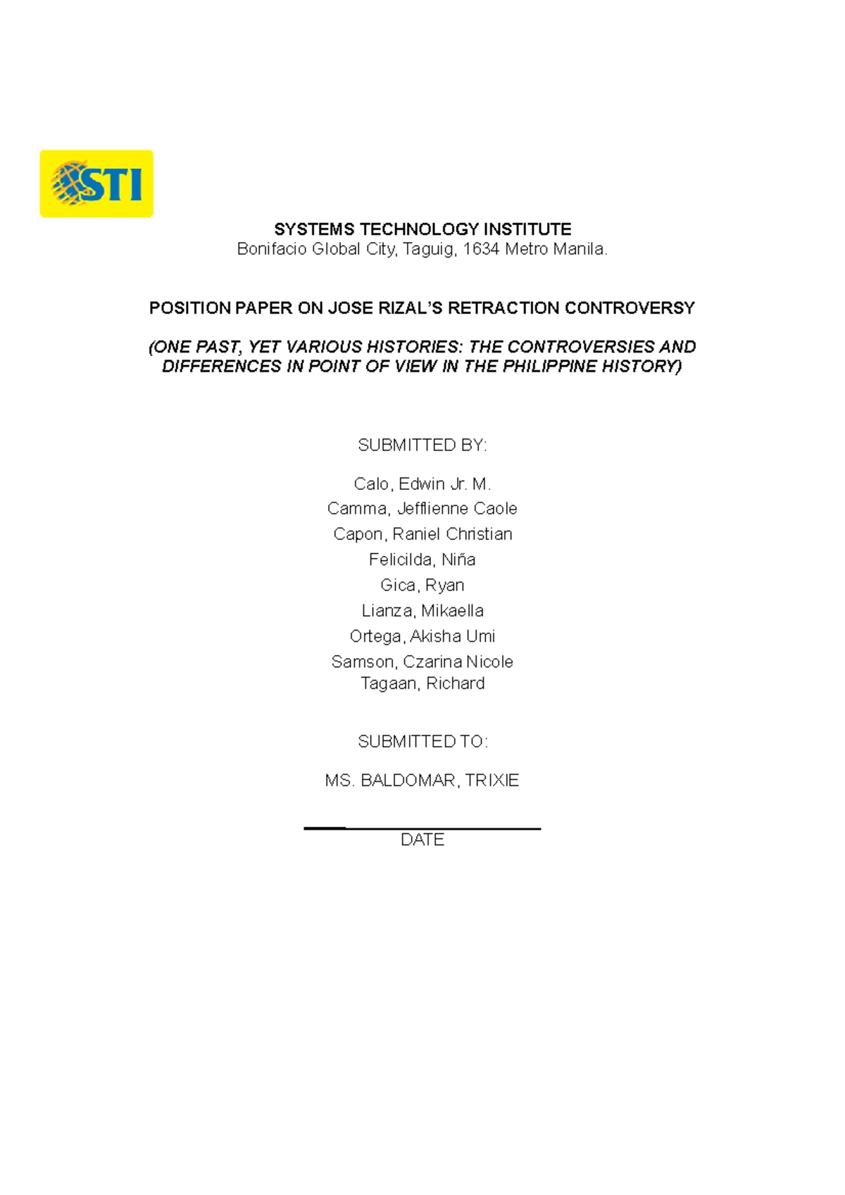 Position Paper on Rizal's Retraction Controversy for RPH Class - Studocu