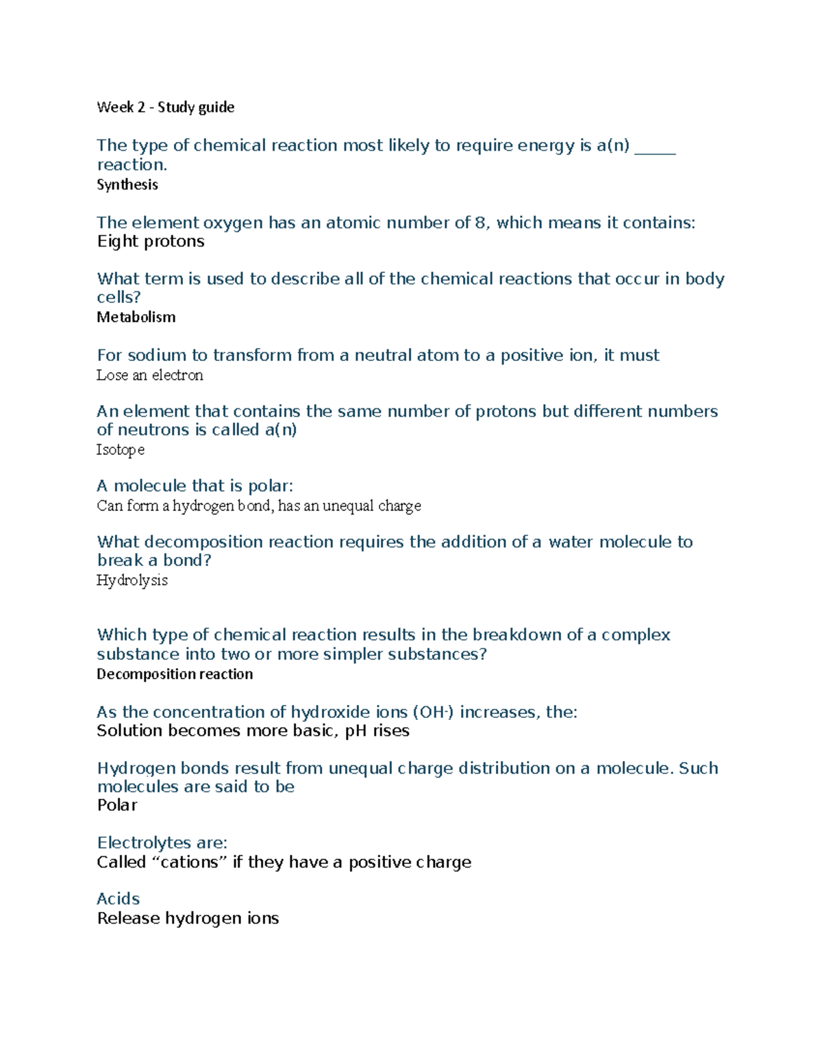 Week 2 Study Guide: Chemical Reactions & Key Concepts - Studocu