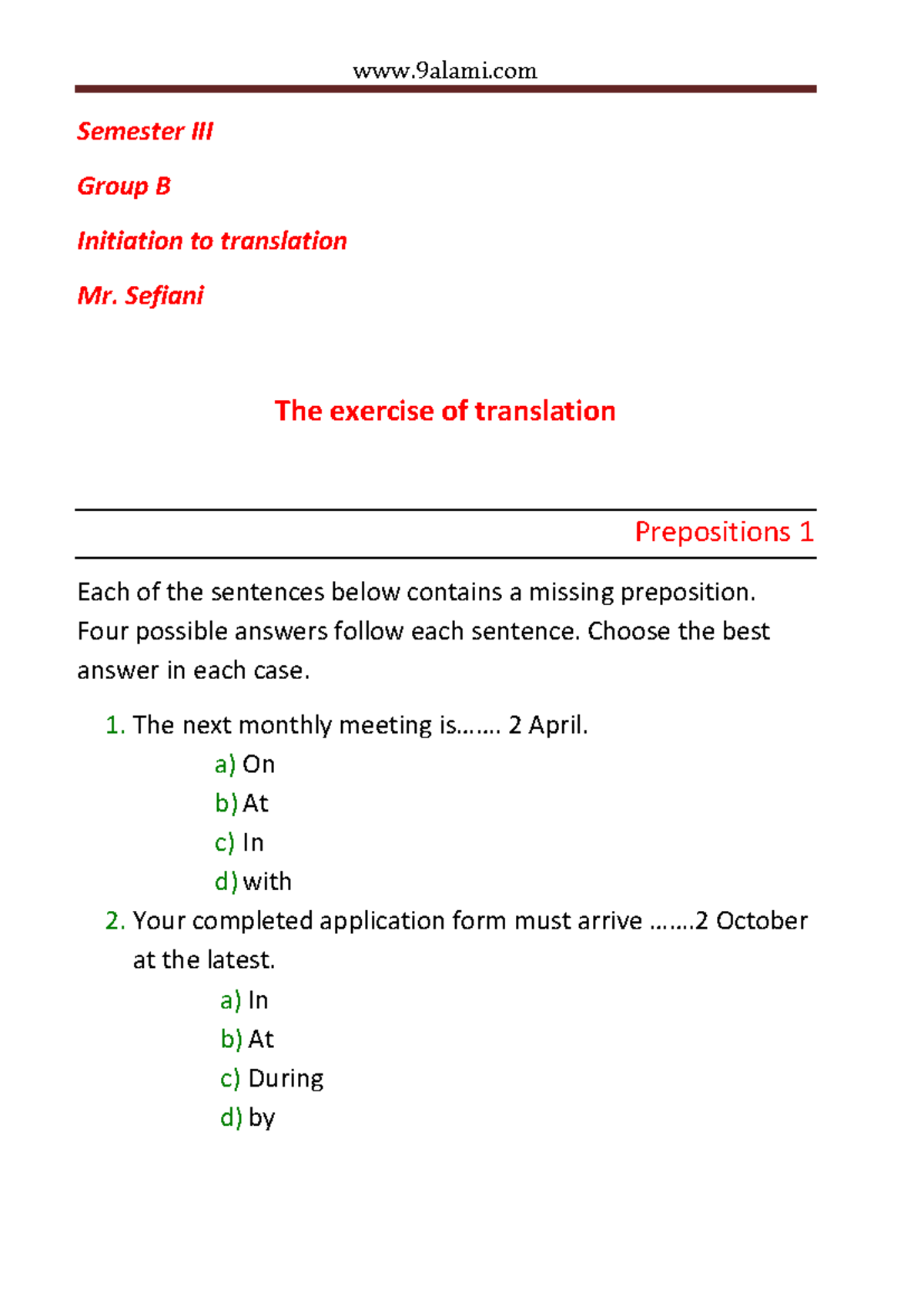 Initiation to Translation Translation exercises - Semester III Group B ...
