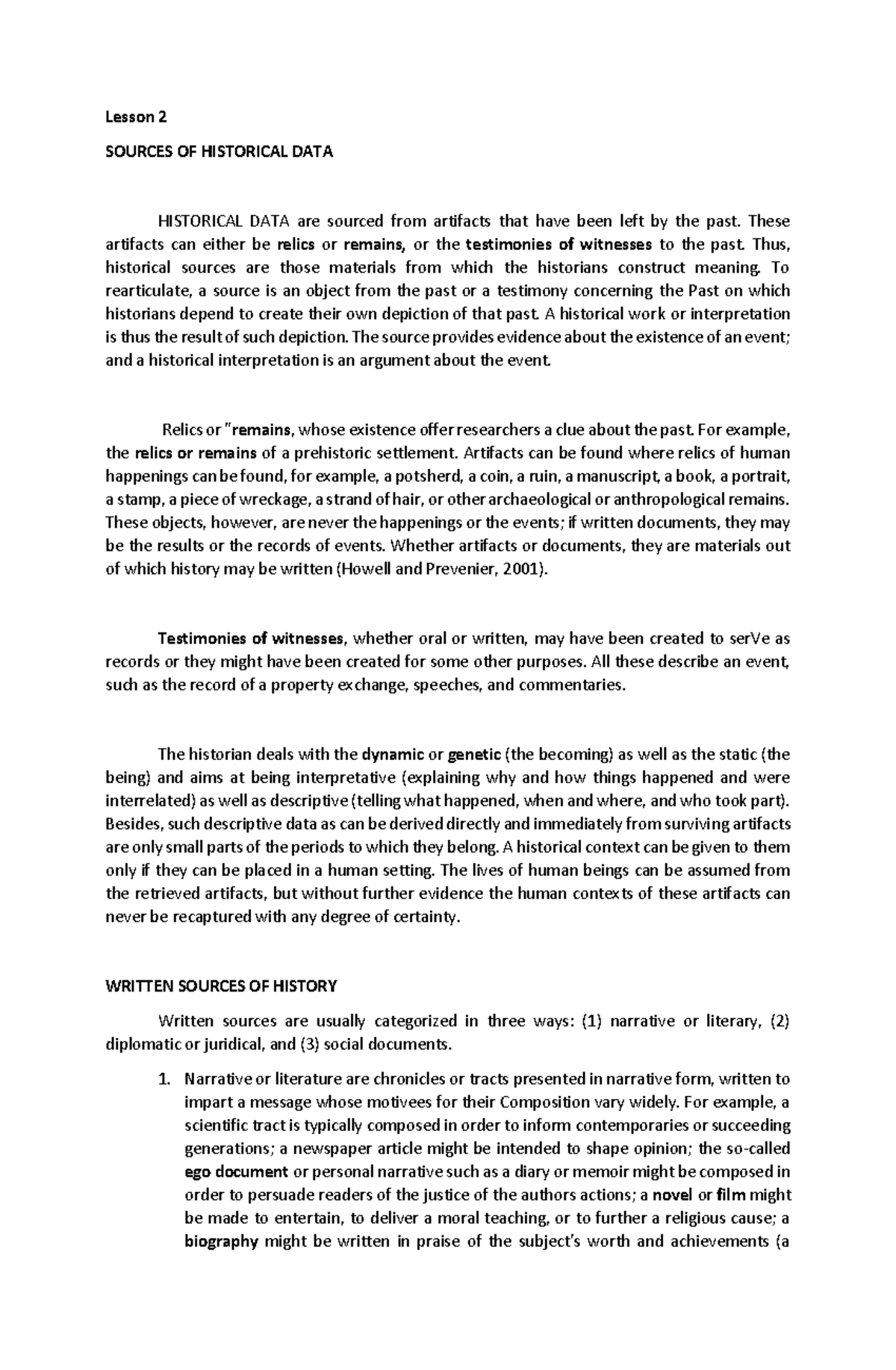Lesson 2: Key Sources of Historical Data and Interpretation - Studocu