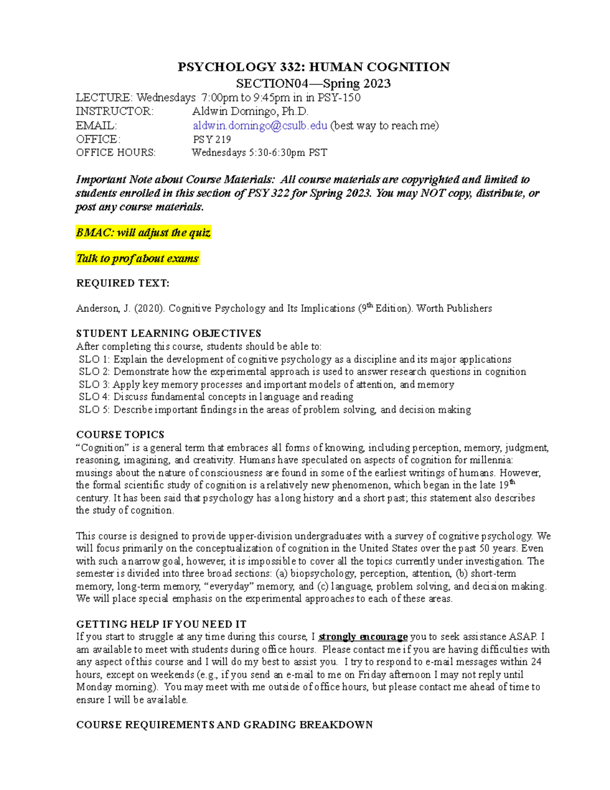 PSY 332 Spring 2023 Section 4: Human Cognition Course Overview - Studocu