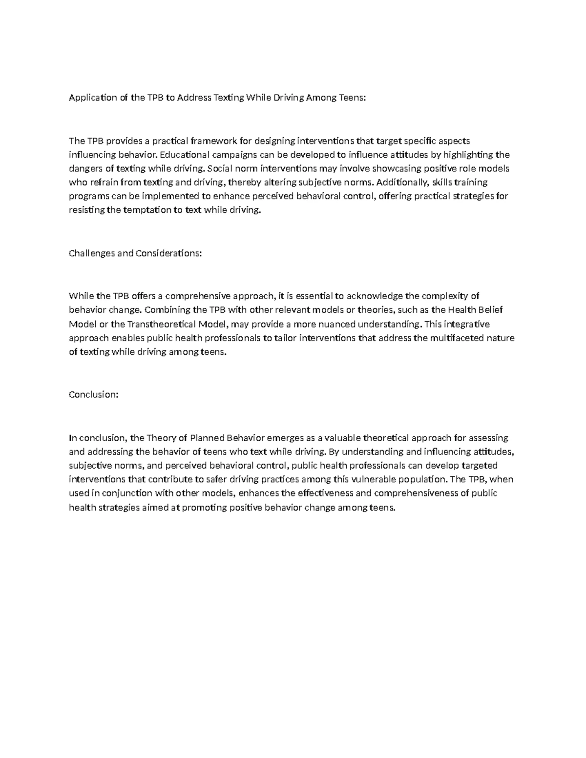 2-1 Discussion: Understanding Teen Texting Behavior Through TPB - Studocu