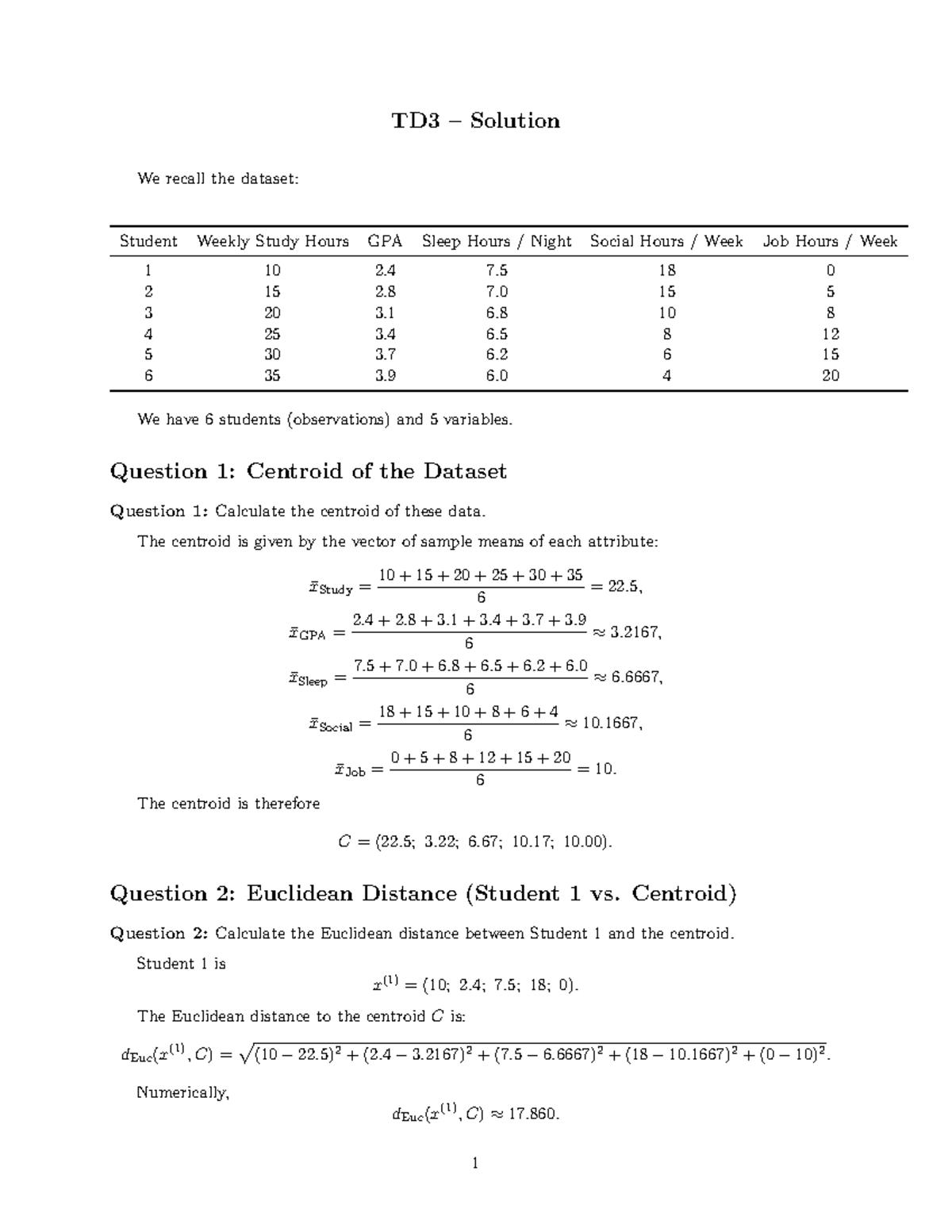 TD3 - Solution: Centroid & Distance Calculations in Clustering - Studocu