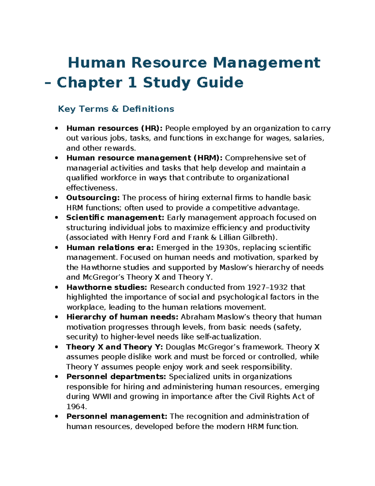 HRM 101: Chapters 1 & 2 Study Guide - Key Terms & Definitions - Studocu