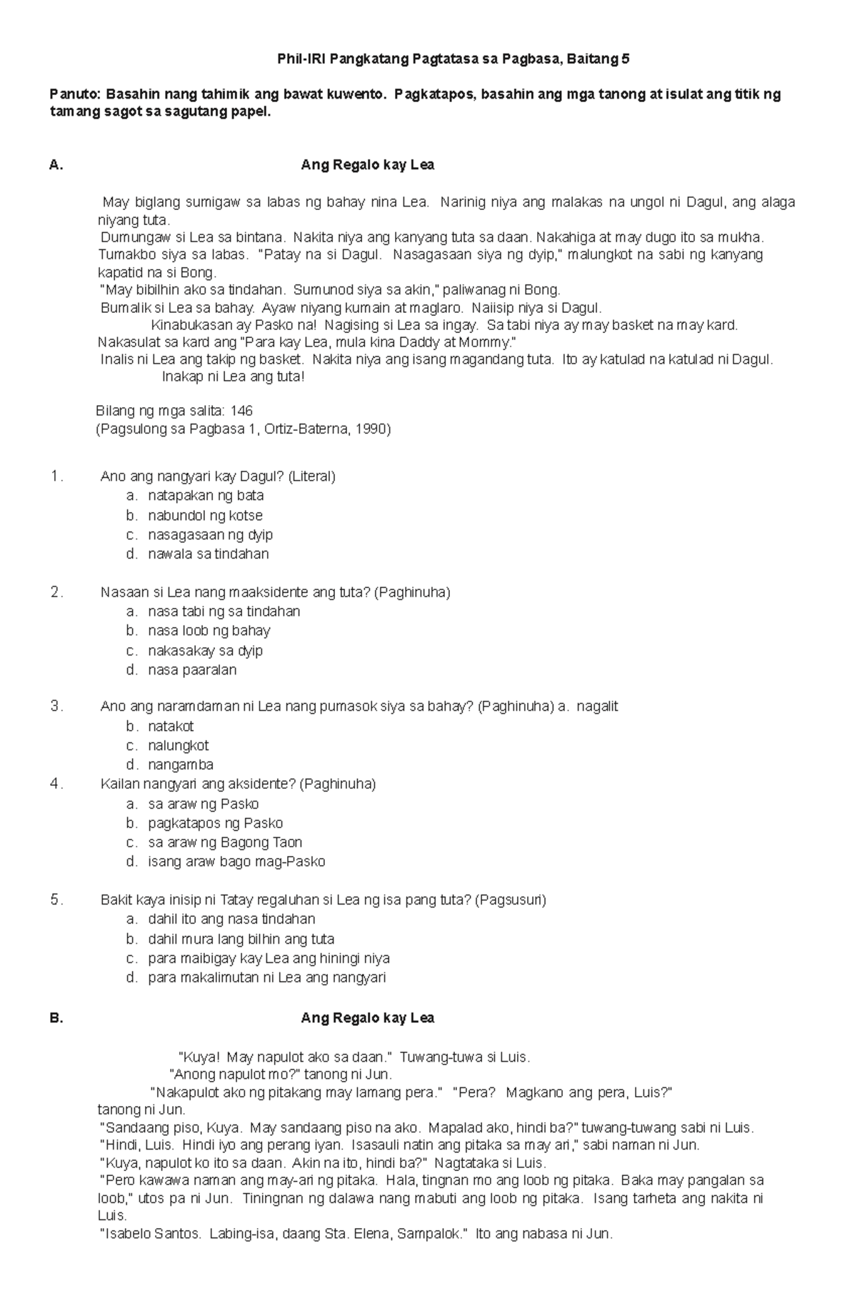 Pagsusuri sa Pagbasa para sa Baitang 5 - Screening Test - Studocu