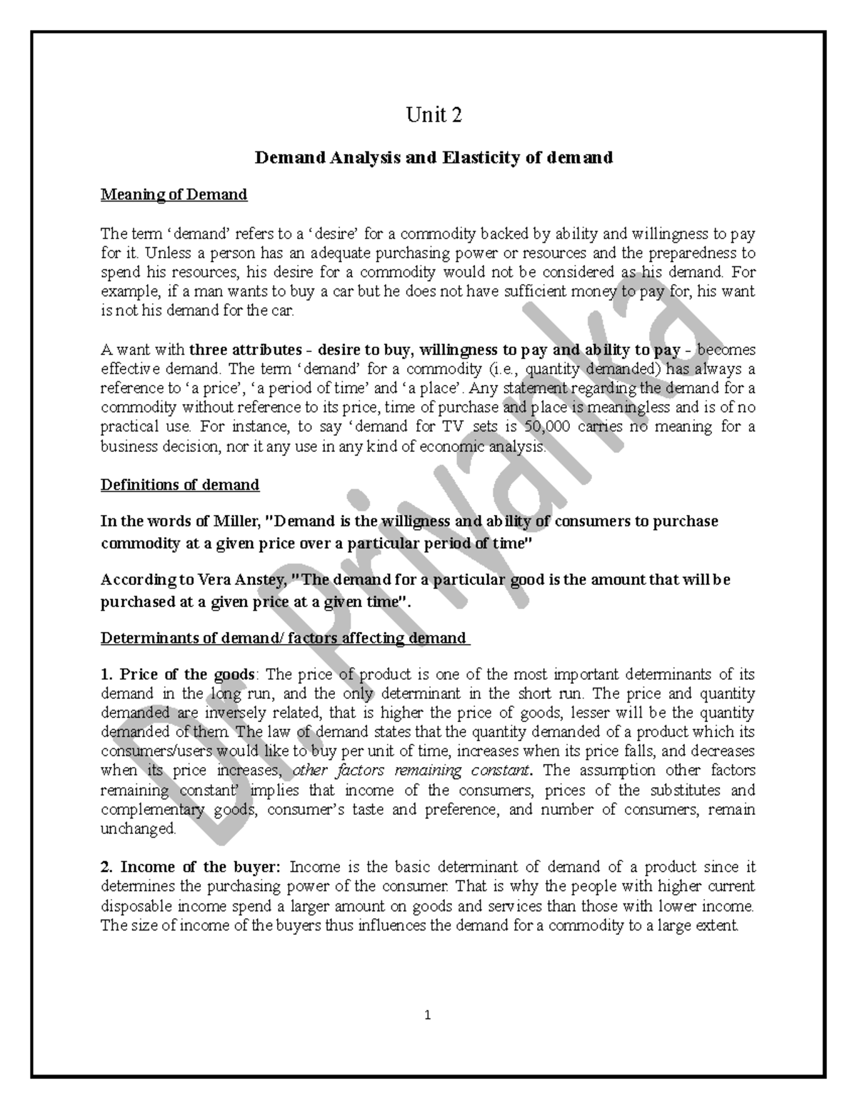 Unit 2 - Demand Analysis & Elasticity: BBA Study Notes - Studocu