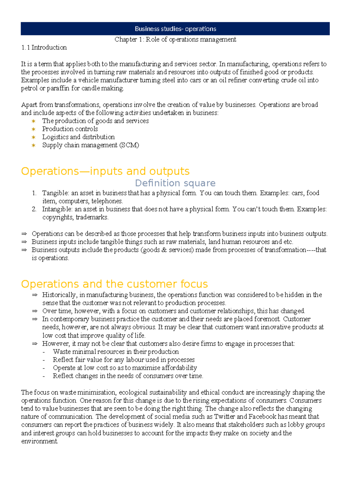 BS- Operations Revision Notes - Chapter 1: Role of operations ...