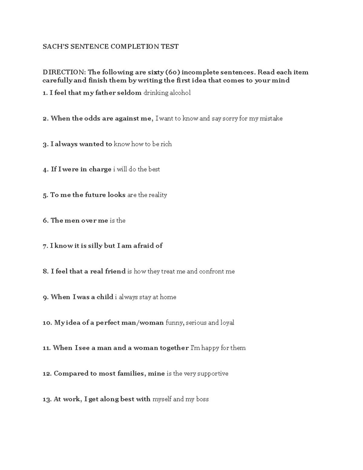 SENTENCE COMPLETION TEST: 60 Incomplete Sentences for Reflection - Studocu
