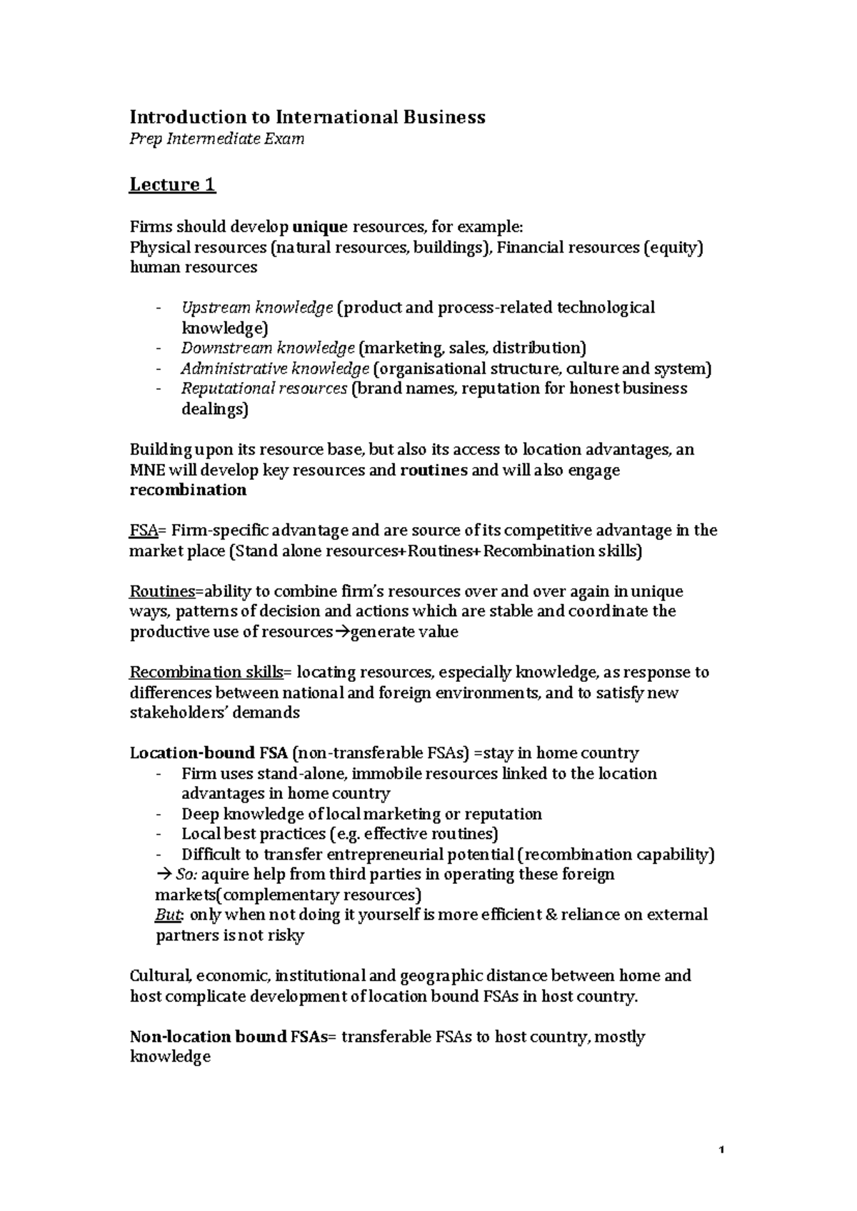 International Business Intro: Summary of Lectures 1 to 4 - Studeersnel