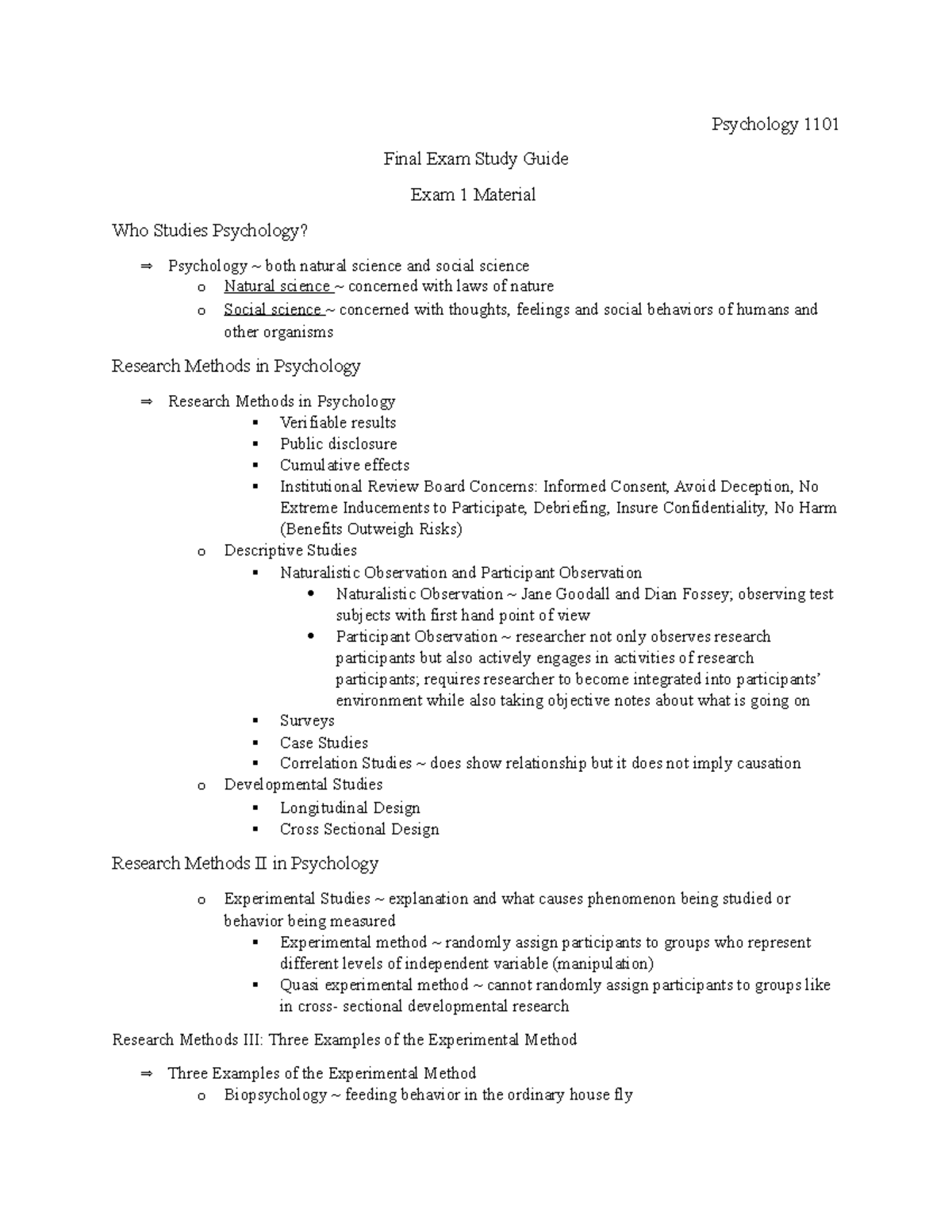 Psychology 1101 Final Exam Study Guide: Key Concepts & Methods - Studocu