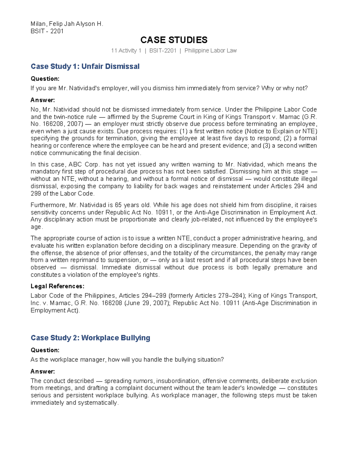 BSIT 2201 Case Studies: Philippine Labor Law Analysis - Studocu