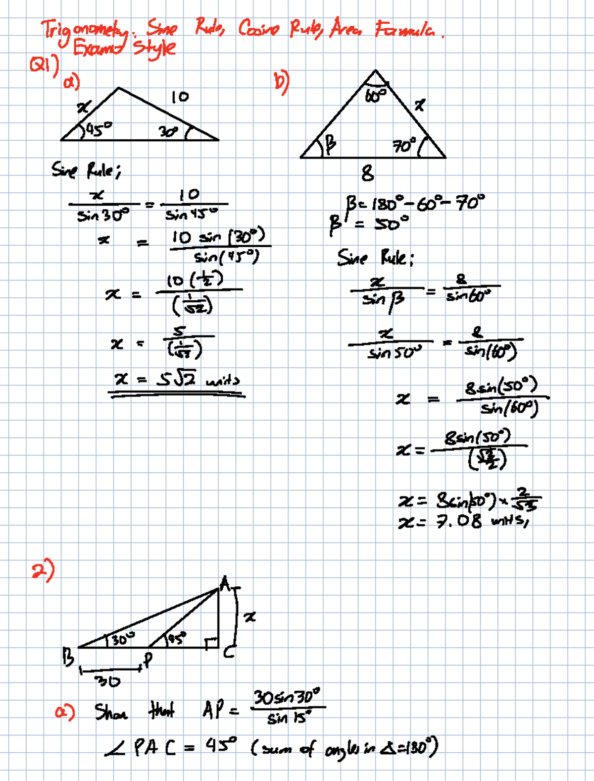 Trig Q1: Sine Rule, Cosine Rule & Area Formula Exam Style - Studocu