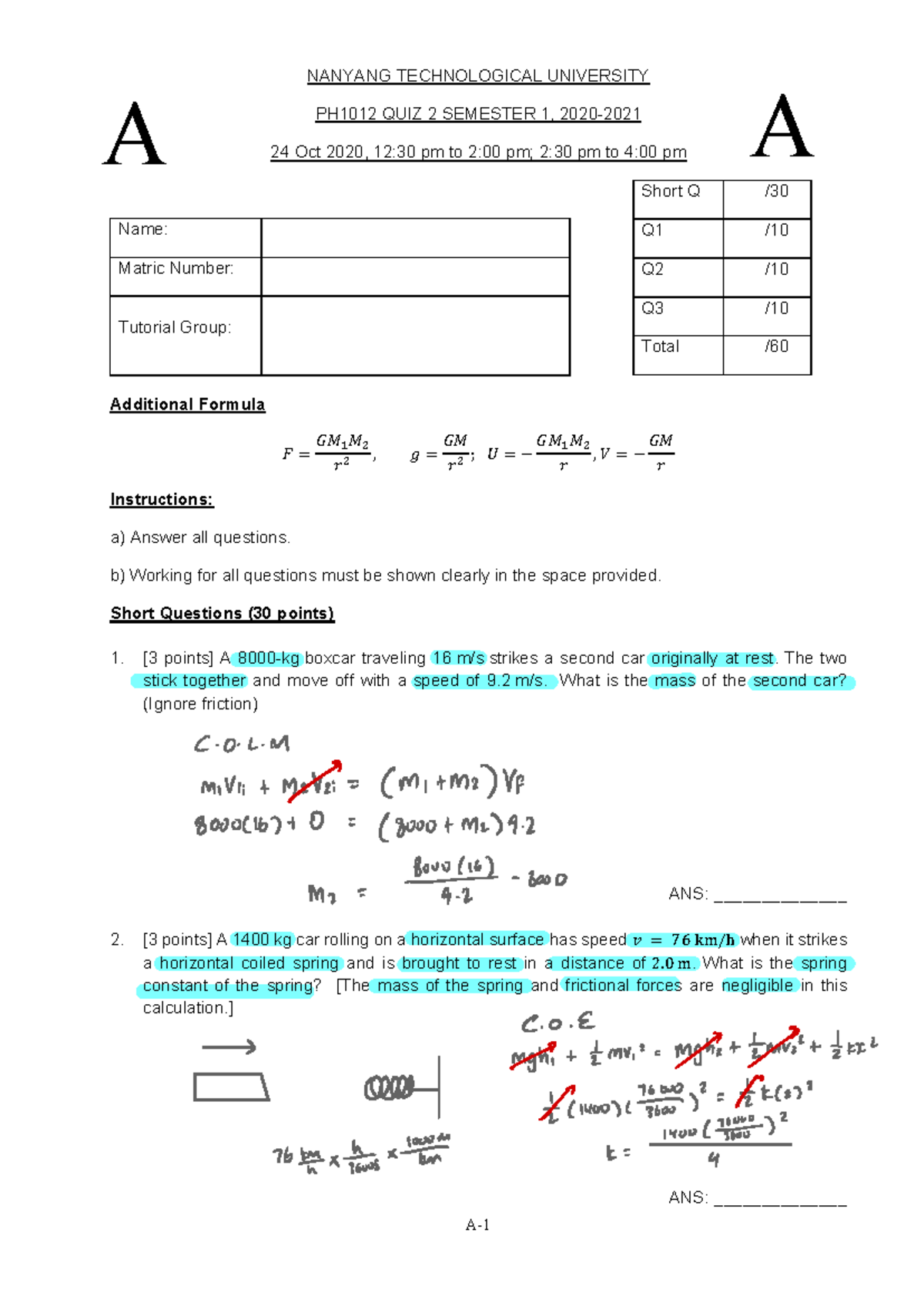 PH1012 Quiz 2 - Semester 1, 2020: Problem Solutions and Analysis - Studocu
