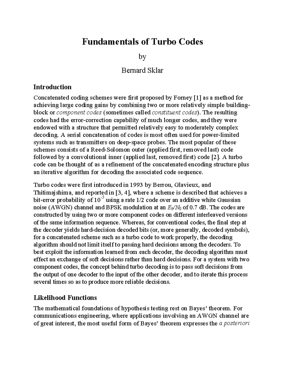 Fundamentals of Turbo Codes (ART SKLAR 3) - A Comprehensive Overview ...
