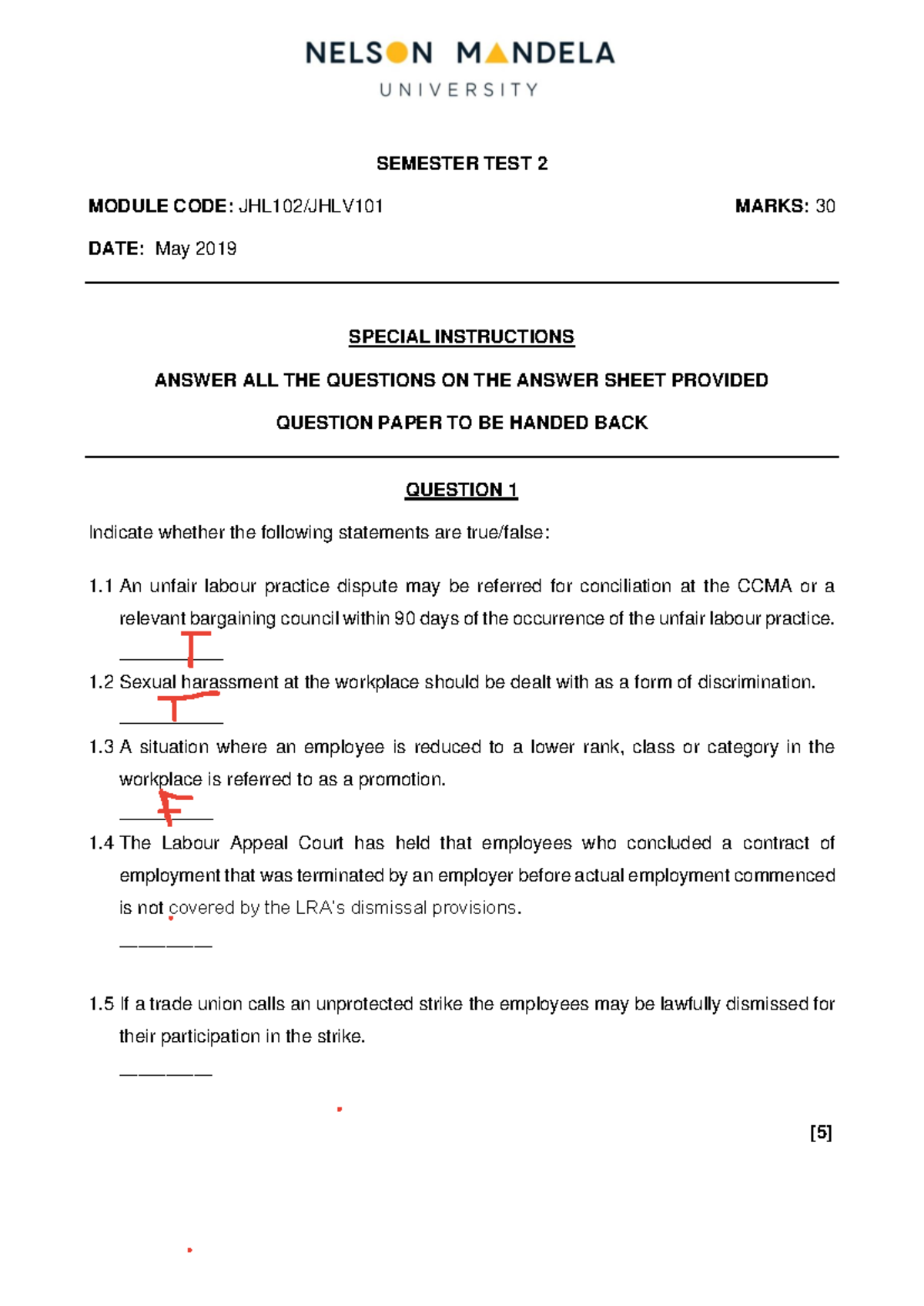 JHL102 Semester Test 2 - Unfair Labour Practices & Discrimination - Studocu