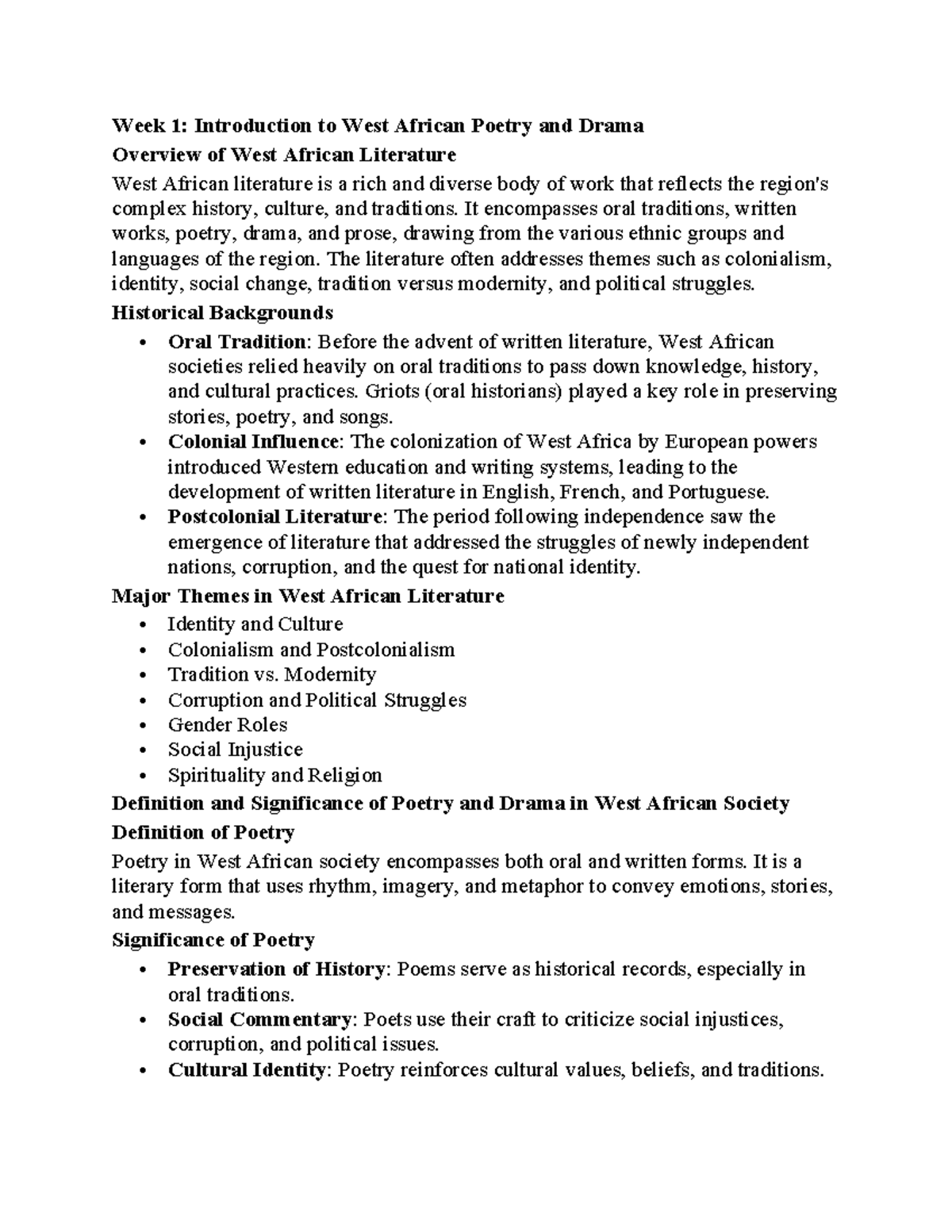 Week 1: Intro to West African Poetry & Drama (ENG 101) - Studocu