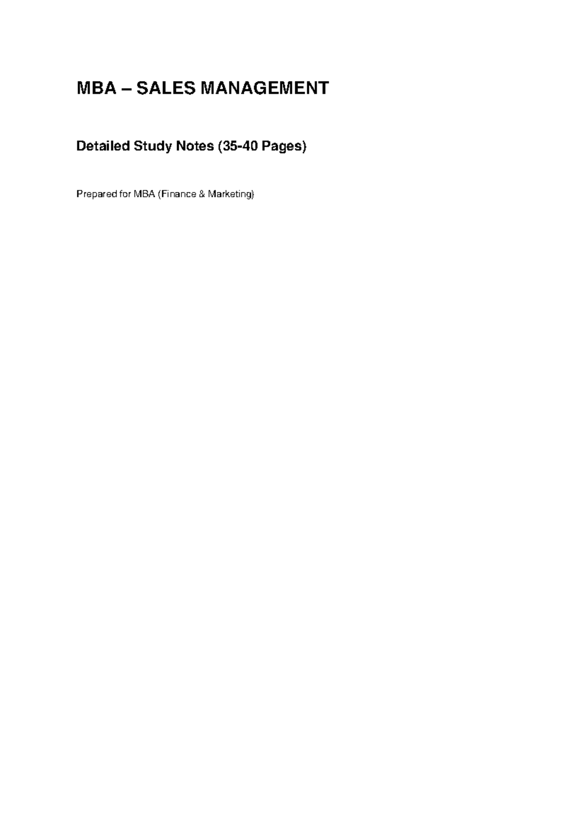 MBA (Finance Marketing) Sales Management Study Notes - Studocu