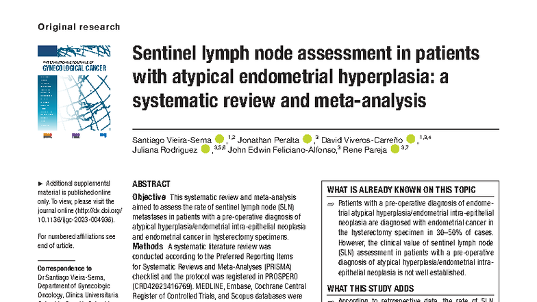 Sentinel Lymph Node Assessment in Atypical Endometrial Hyperplasia: A ...