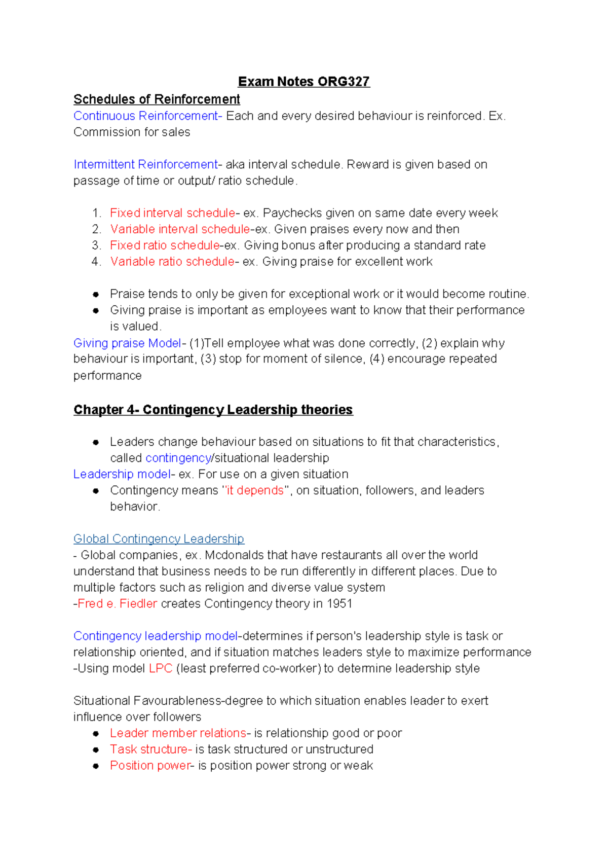ORG327 Exam Notes: Schedules of Reinforcement & Leadership Theories ...