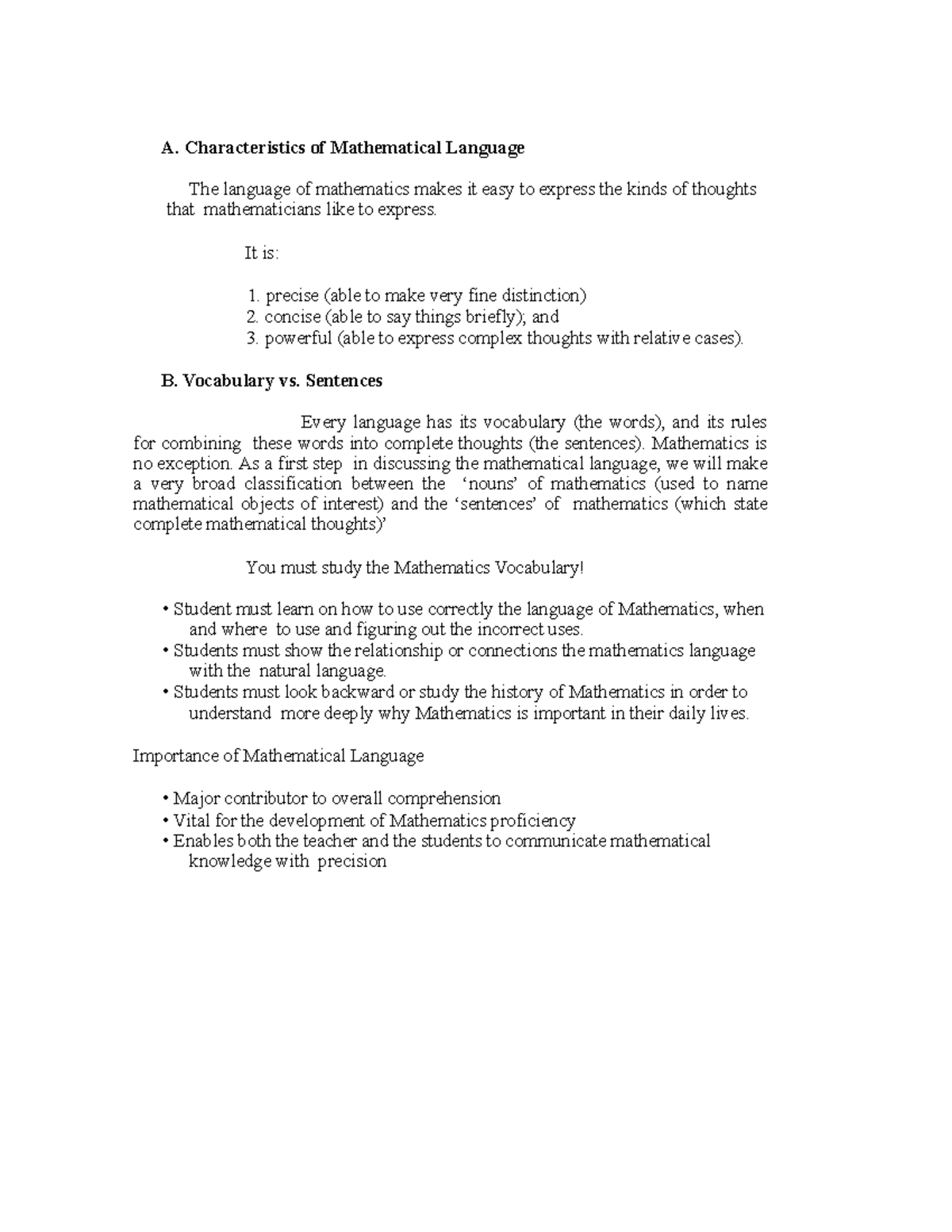 Characteristics of Mathematical Language - A. Characteristics of ...