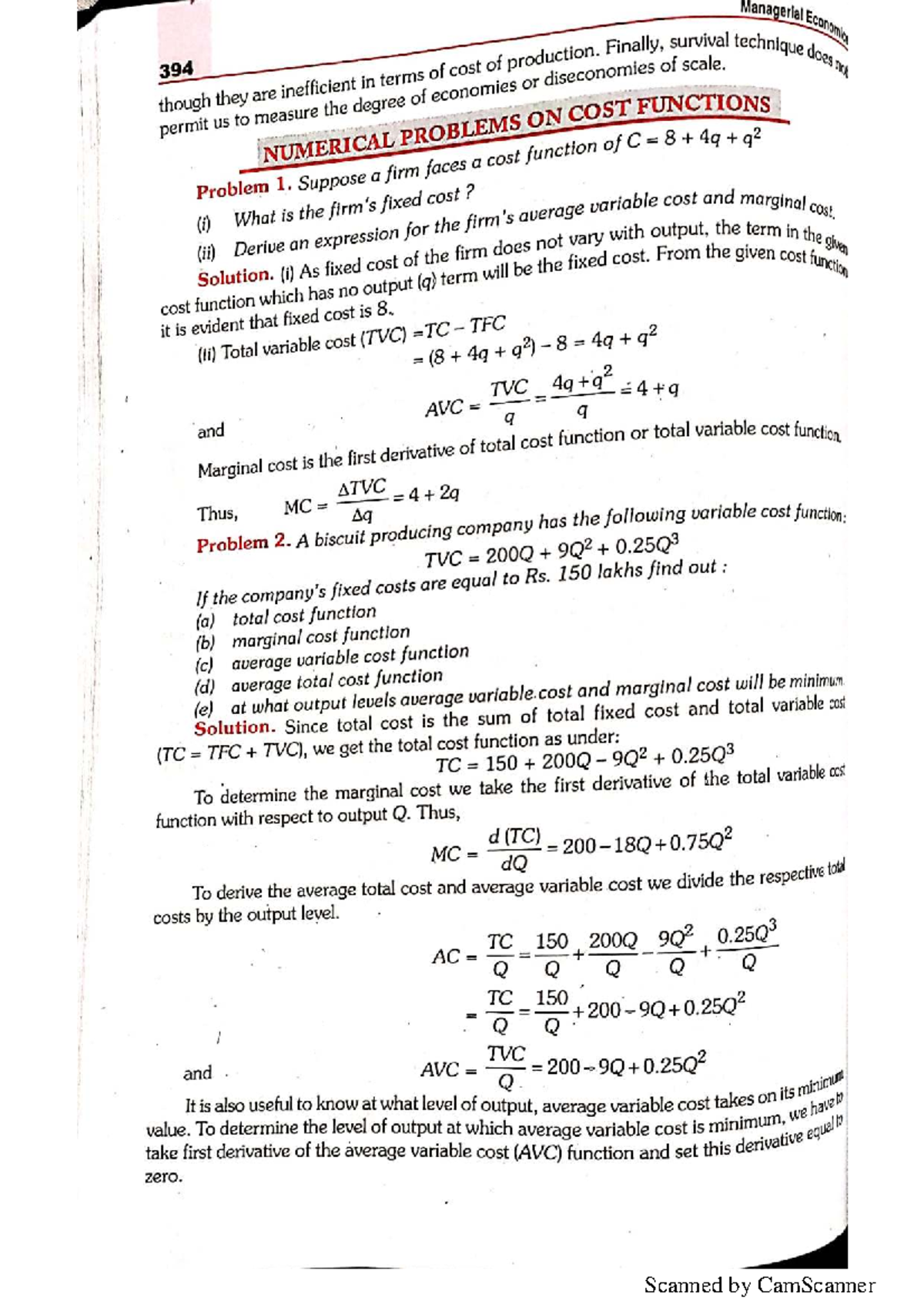 Cost Functions and Techniques: Managerial Economics 394 Numerical ...