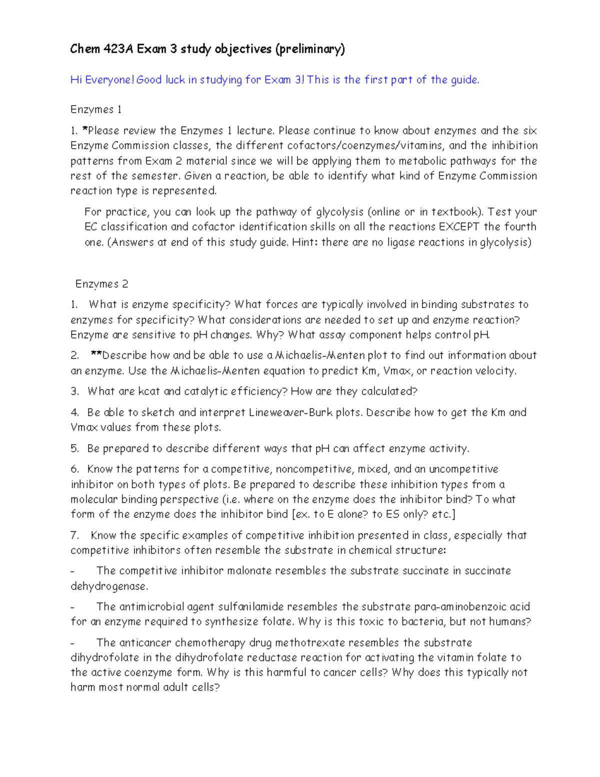 Chem 423A Exam 3 Study Objectives: Enzymes & Allostery Insights - Studocu