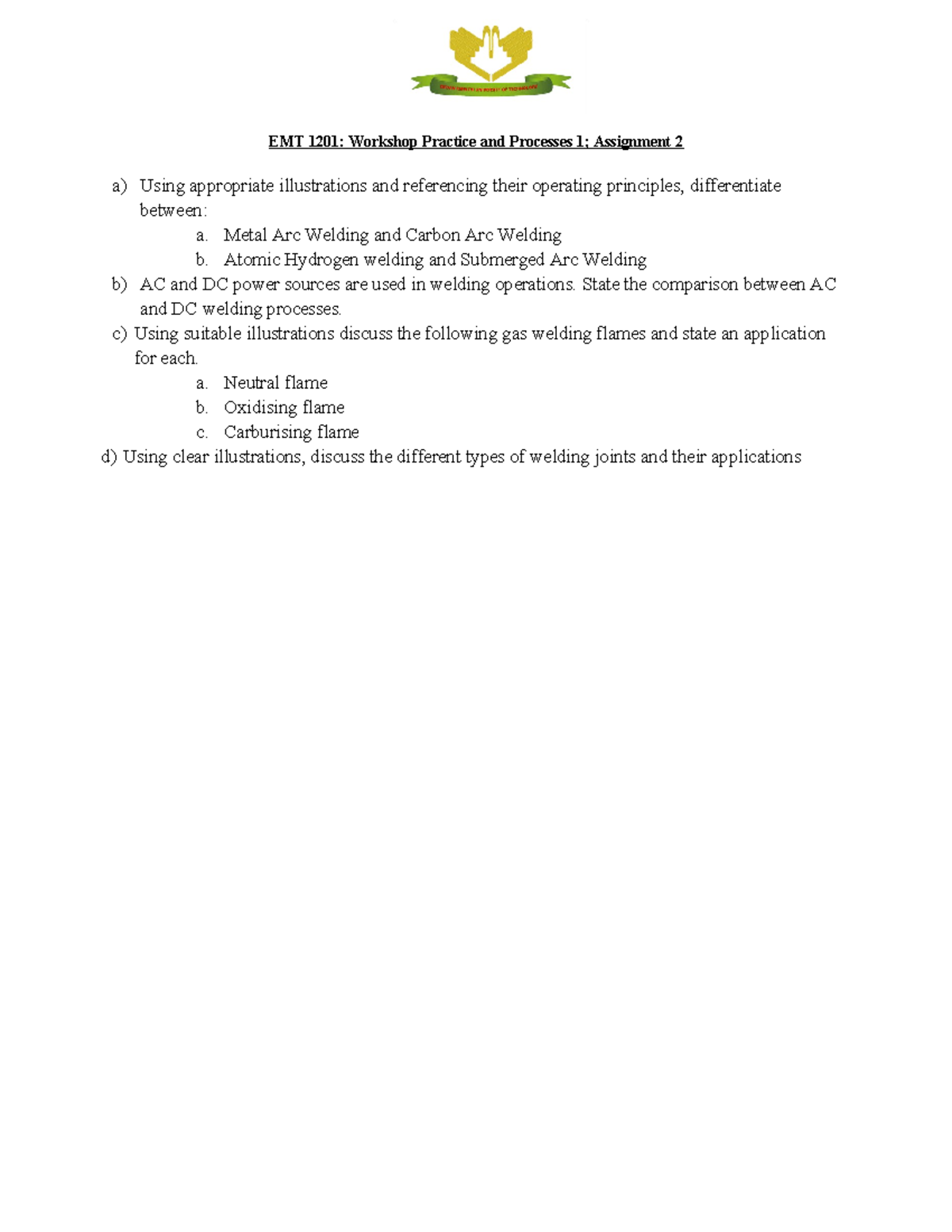 EMT 1201 assignment 2 2425 - EMT 1201: Workshop Practice and Processes ...
