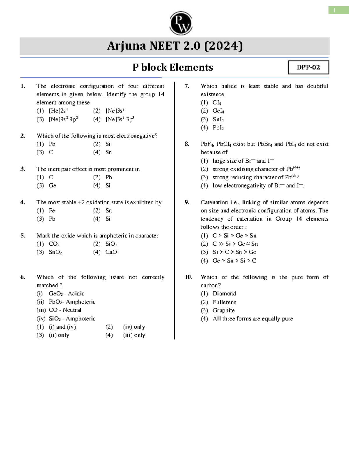 P block Elements DPP-02 (Of Lec-04) Arjuna NEET 2.0 2024 - 1 Arjuna ...