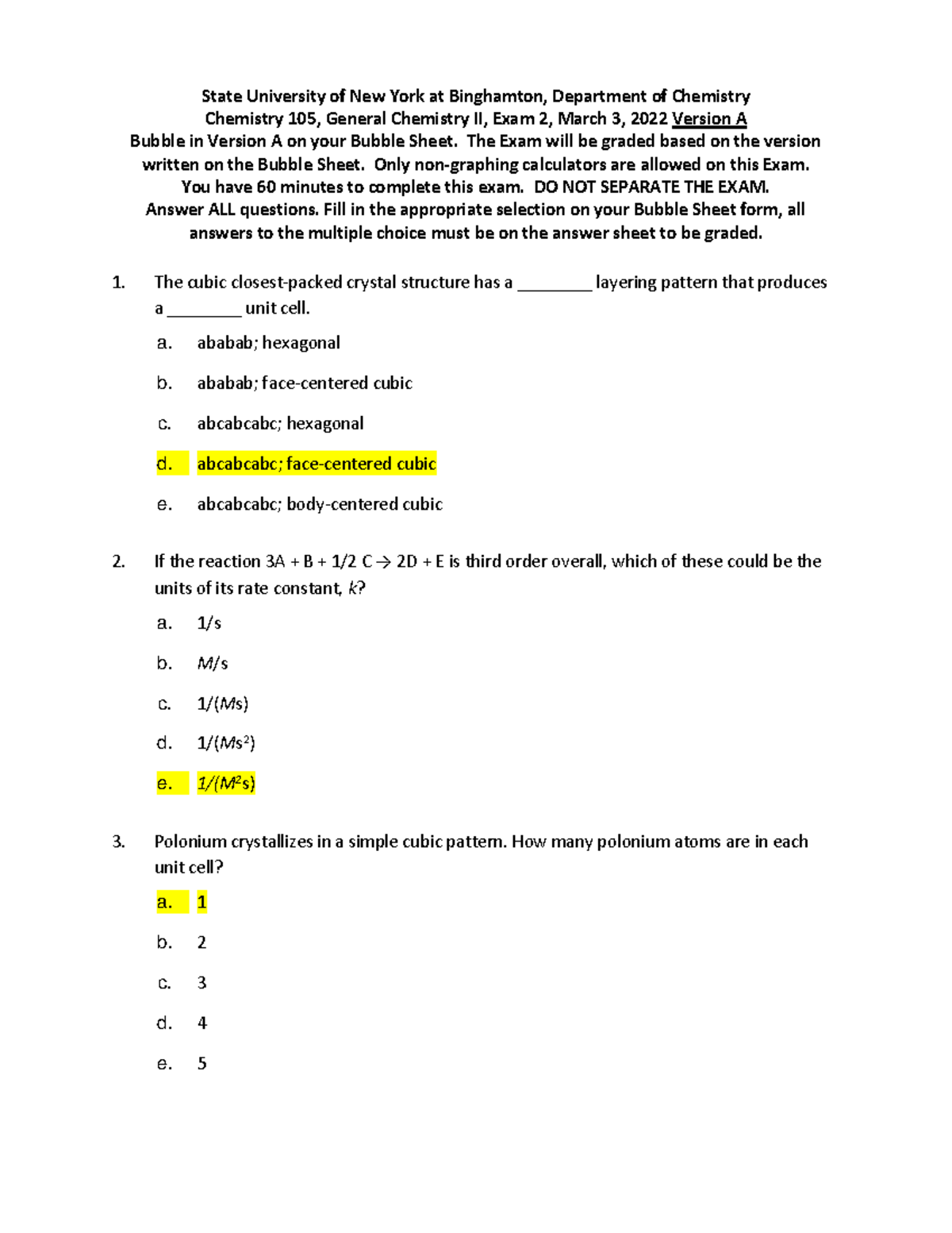 CHEM105 - Spring 2022 - General Chemistry II - Exam 2 Key - Studocu