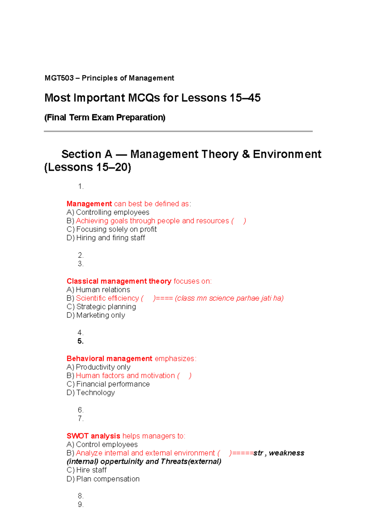 MGT503 Principles of Management: Key MCQs for Final Exam Prep - Studocu