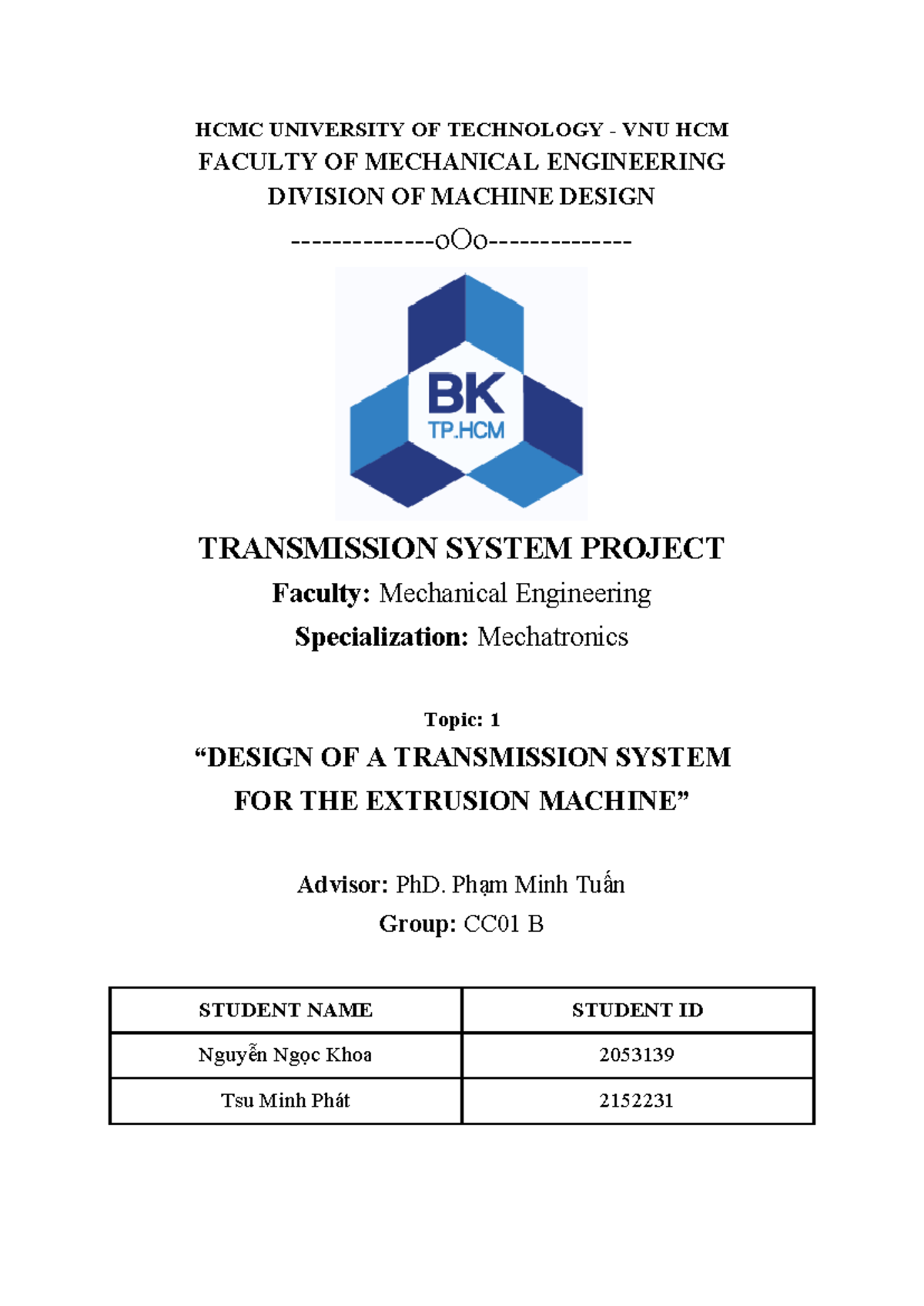 Transmission System Project - Mechatronics - Topic 1 (CC01 B) - Studocu