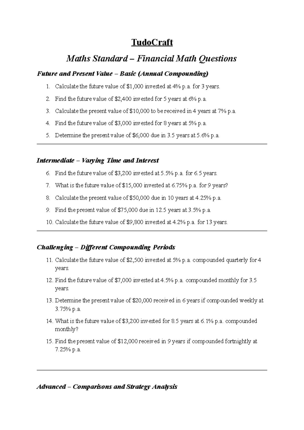 TudoCraft Maths Standard - Financial Math Questions (FV & PV) - Studocu